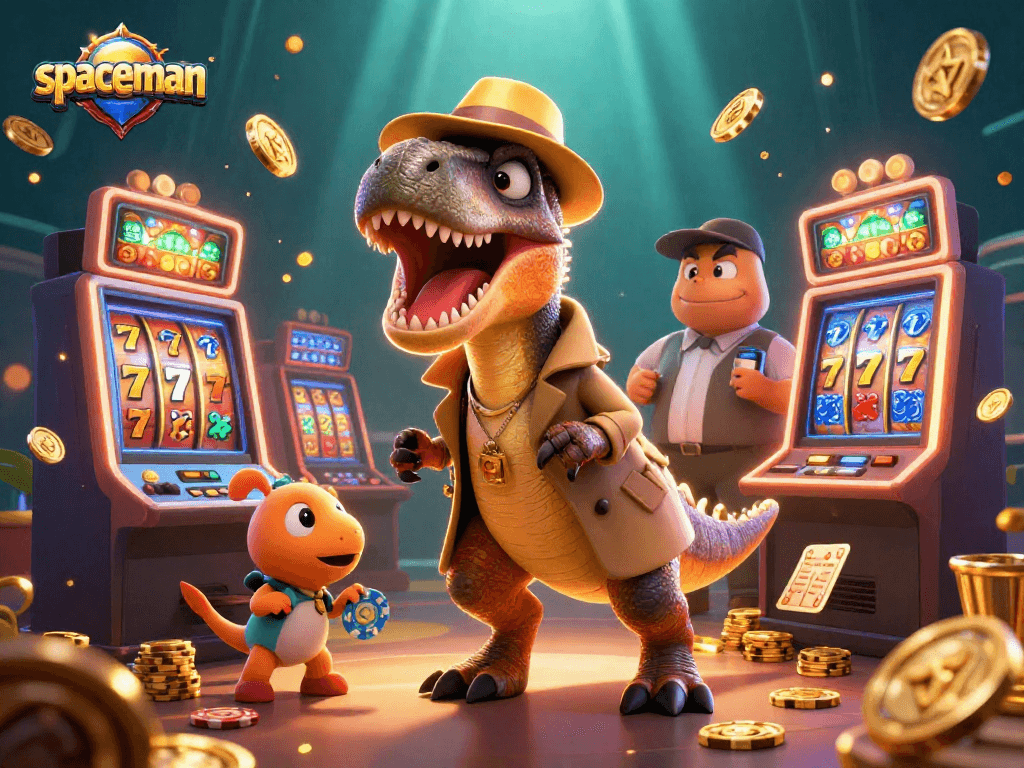 Spaceman illustration showcasing a velociraptor card counter attempting stealthy play at a vibrant slot machine.