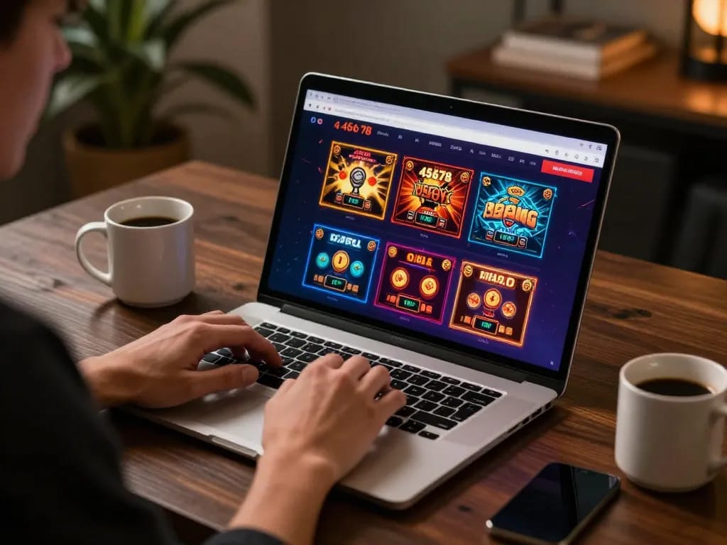 Engaging gameplay at 45678 casino showcased on a laptop, highlighting immersive online gaming experience.