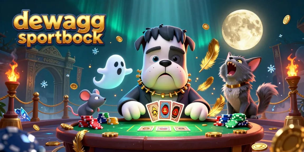 Dewagg sportbook showcases an exciting scene with a Frankenstein bulldog monster dealing cards and a werewolf kitten howling, surrounded by betting tokens.