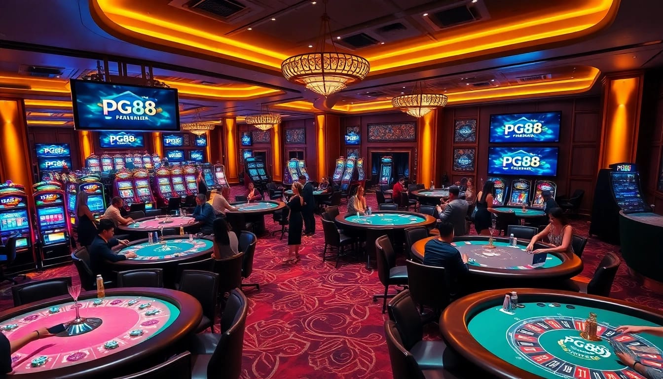 Experience the thrill of pg88 gaming at a luxurious casino with vibrant tables and exciting players.
