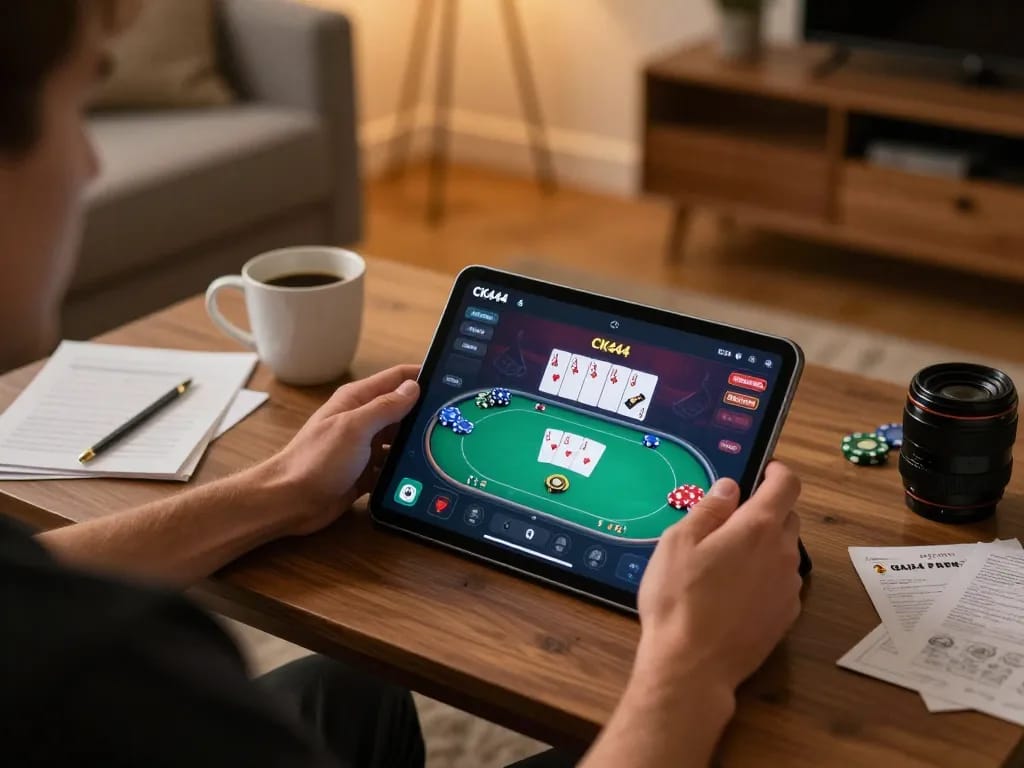 Player enjoying game action on CK444 app on tablet while studying strategy notes