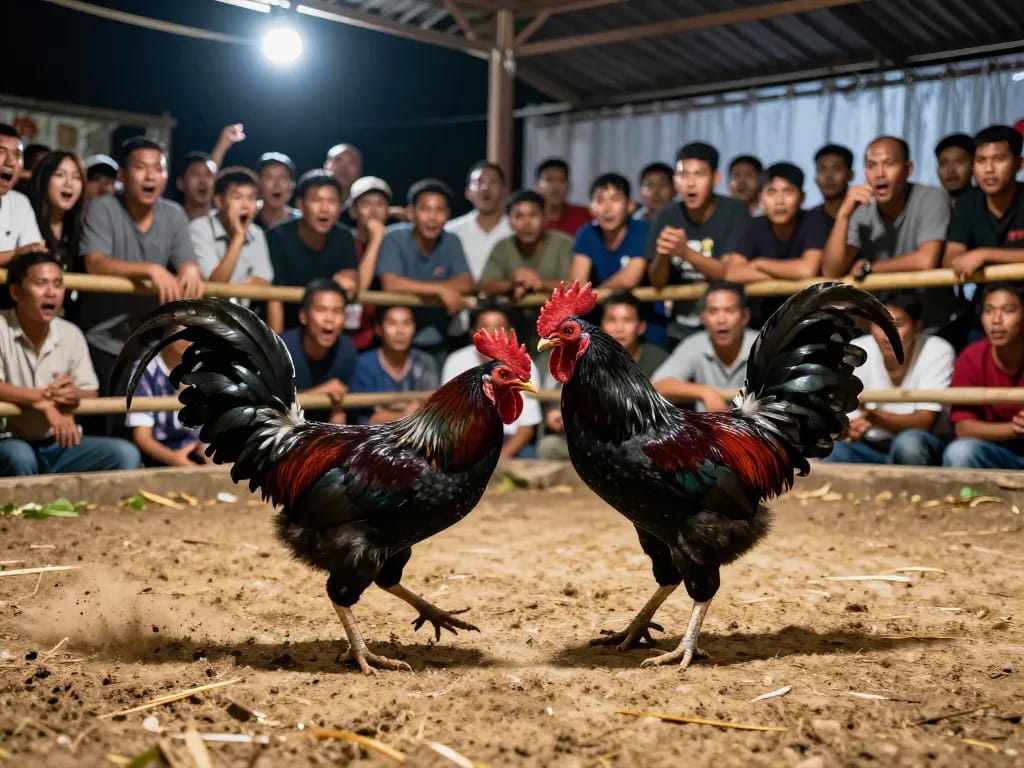 Watch the exciting đá gà trực tiếp thomo as two black roosters engage in thrilling combat, drawing an enthusiastic crowd.