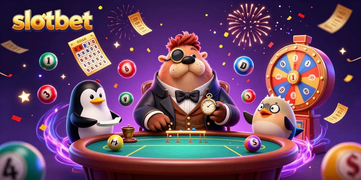Join the fun at slotbet while a jolly walrus plays poker, surrounded by colorful lottery elements.