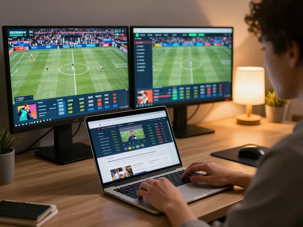 Engaging in sports betting on net88 with live odds displayed on a laptop in a stylish home office setting