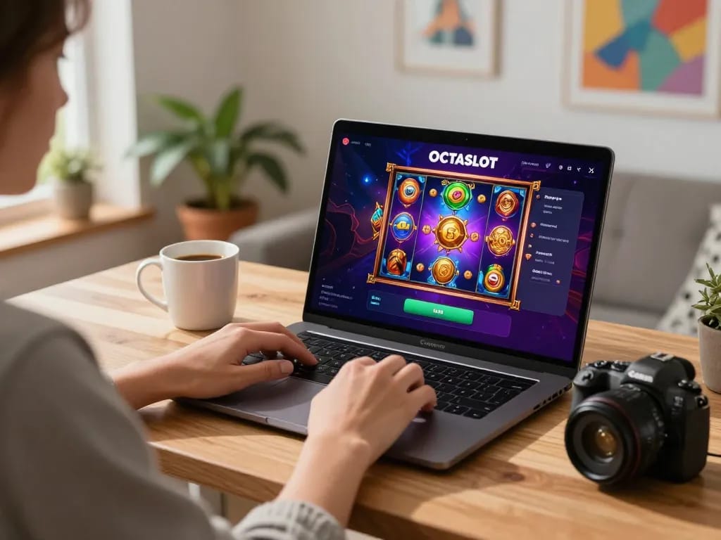 Experience thrilling gameplay on the OCTASLOT platform from a cozy home environment, engaging with vibrant slot machine graphics.