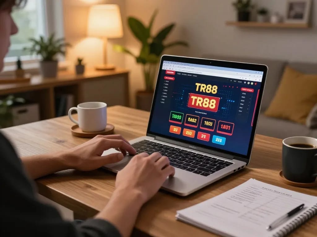Engaging in online gambling at TR88 casino platform with strategic notes and modern setup.