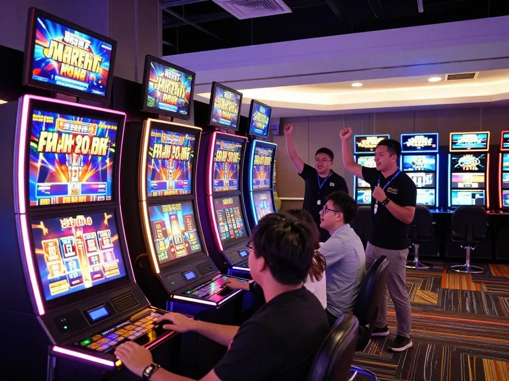 Dynamic gaming environment at NK88 casino, showcasing vibrant slot machines and excited players.