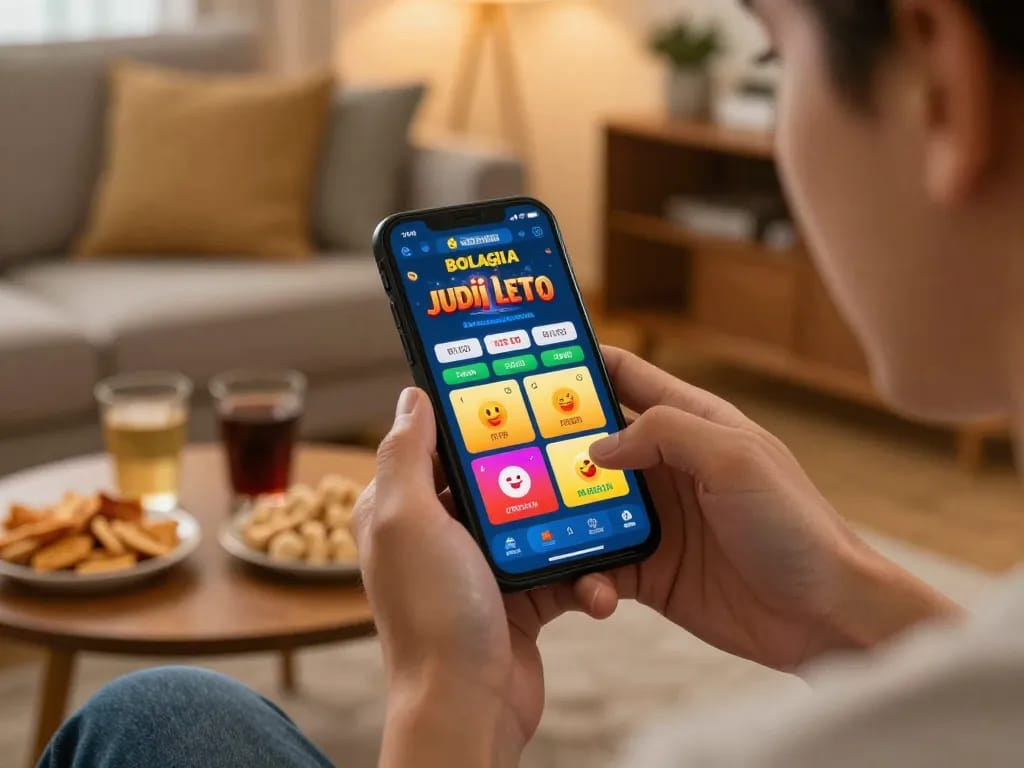 Experience Bolagila Judi Lotto action with a user placing bets on a mobile app in a cozy living room.