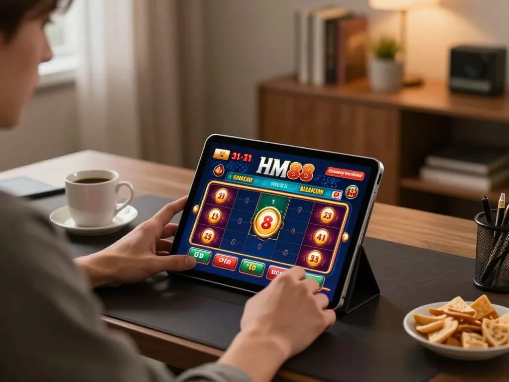 Player engaging in HM88 online casino gaming with tablet in modern home office setting