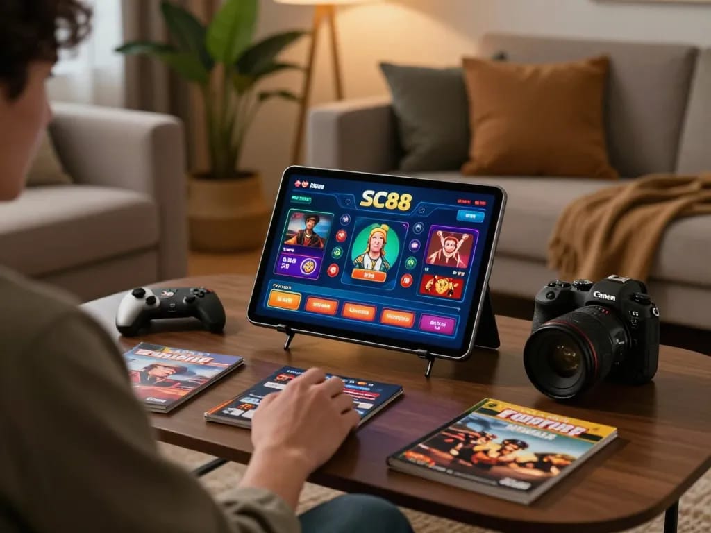Engaging online gaming session at SC88 with tablet showing casino game interface.