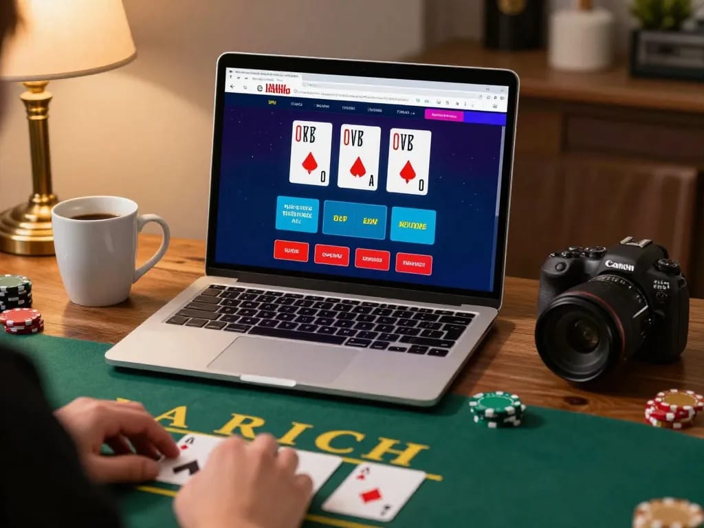 Engaged player at megaplus88 enjoying live blackjack game on a laptop in a cozy home setting.