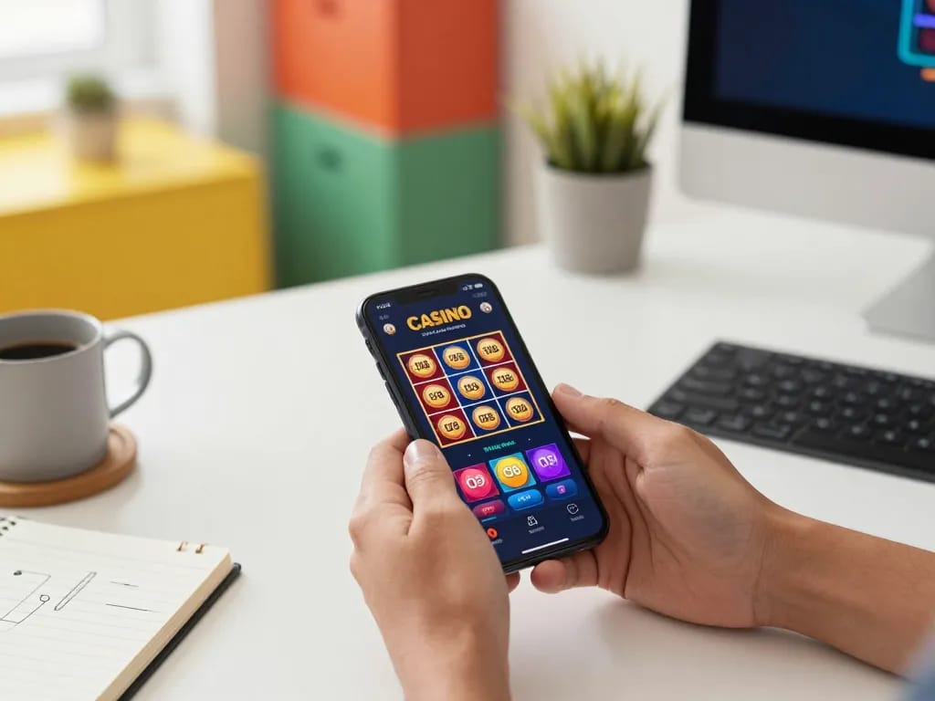 O8 app showcasing colorful slots interface in a modern home gaming setup