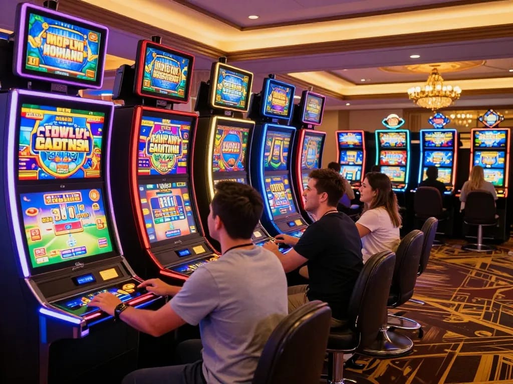 Players enjoying slot machines at a vibrant casino, experiencing the thrill of GO8 games