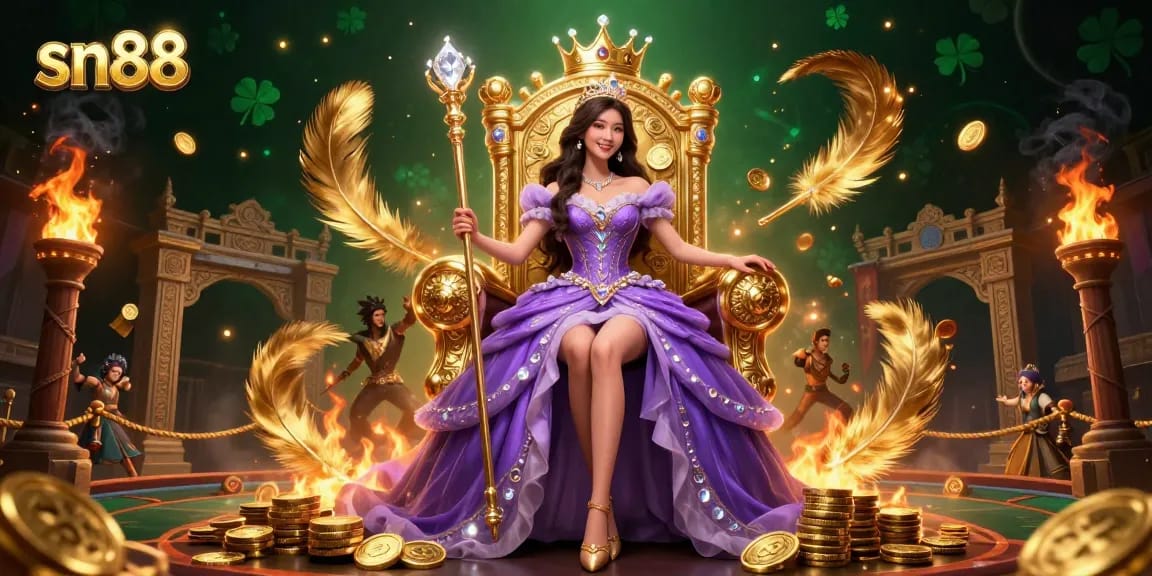 sn88 showcases a captivating casino scene with an elegant Asian woman amid gold coins, embodying thrilling gambling experiences.