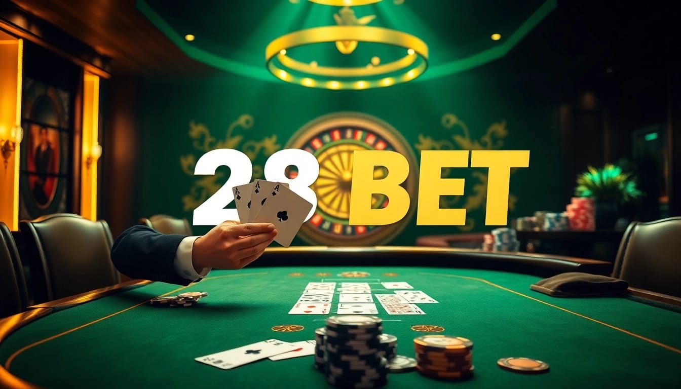 Experience high-stakes excitement with 28 BET at a luxury casino blackjack table.