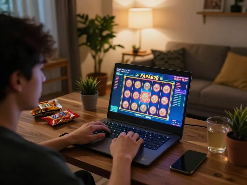 Engaged player enjoying FAFA828 online slot games at home in a cozy setting