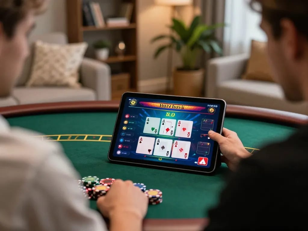 B52CLUB player strategizing poker hand on tablet in cozy home setting, emphasizing online gambling.