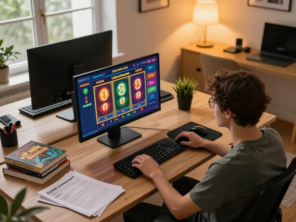 Engaging slot gaming experience on a desktop, showcasing vibrant interface and comfortable setup