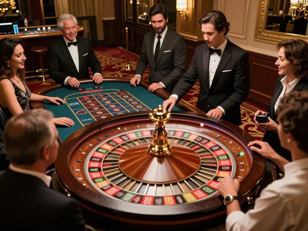 F168 players engaged in thrilling roulette action at an upscale casino, showcasing dynamic gameplay.