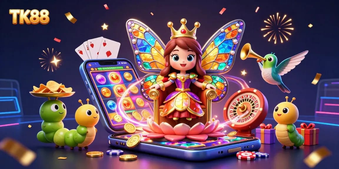 TK88 showcases a vibrant 3D casino scene with a butterfly queen and gaming symbols.
