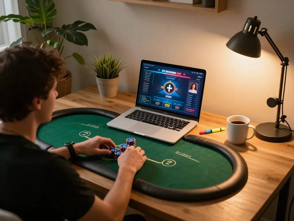 Player enjoying an exciting online poker game with 45678, showcasing a cozy home setup.