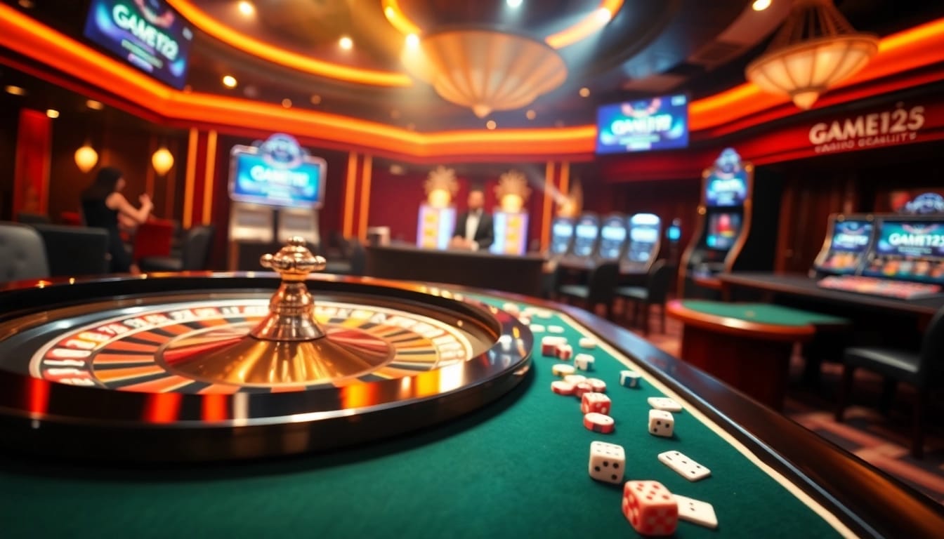 Experience thrilling gameplay at Goal123 with a vibrant casino scene featuring roulette and modern slot machines.
