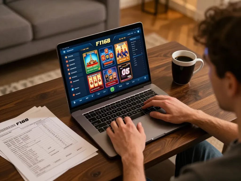 Person enjoying online gambling on F168 platform with strategic notes in cozy home setting