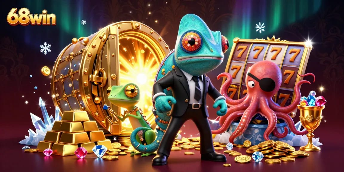 Experience the thrill of 68win with dynamic characters and vibrant slot game elements in an exciting casino scene.