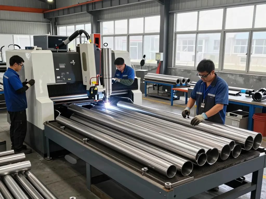 Sumwin stainless steel manufacturing workers assembling pipes in modern facility.
