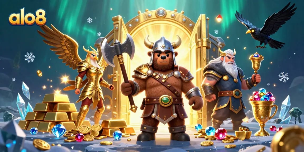 Bet on big winnings with alo8's immersive casino experience showcasing vibrant characters and treasures.