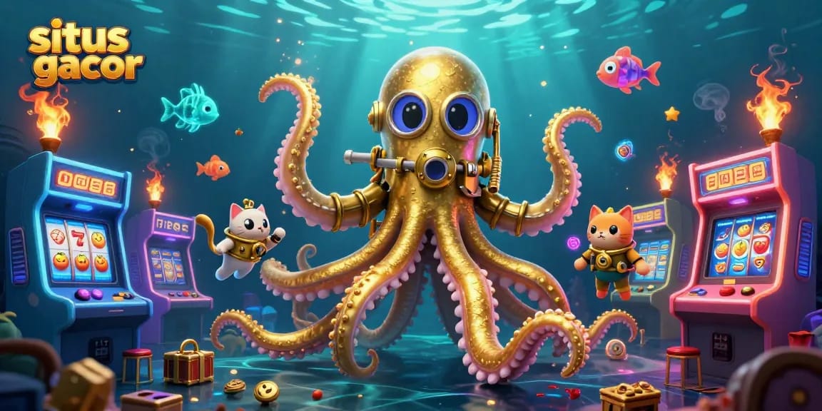 Experience situs gacor gaming with a kraken, diving cat, and bright slot symbols.
