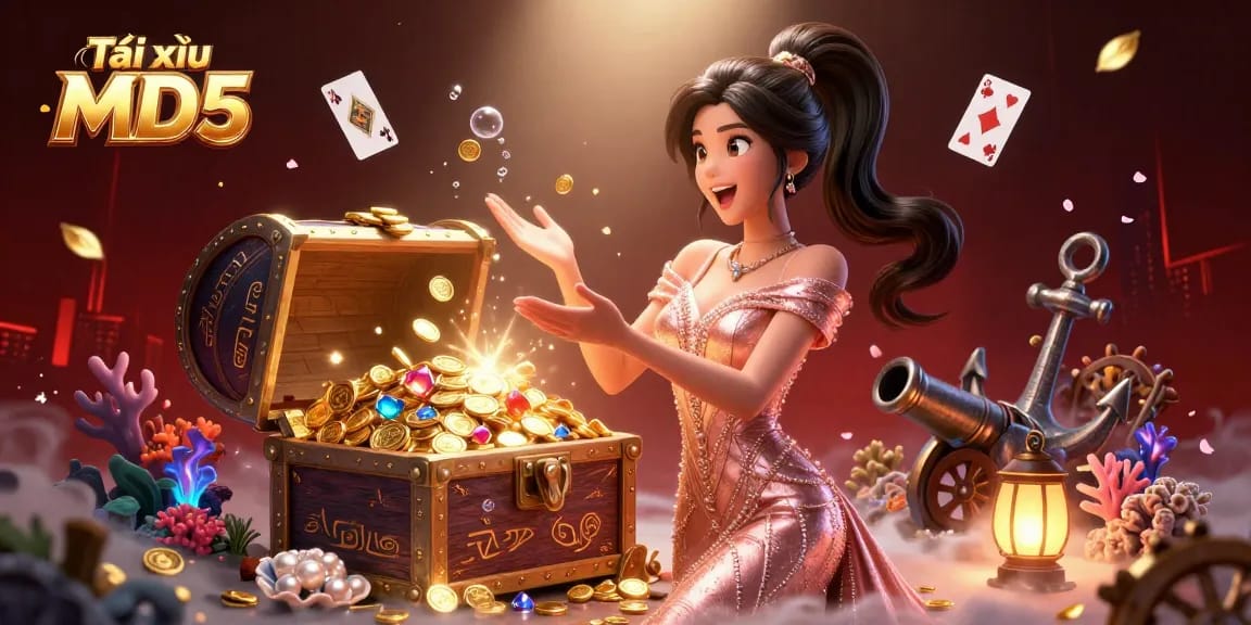 Tài xỉu MD5 illustration showcasing a joyous woman revealing treasures from a chest symbolizing exciting gambling thrills.