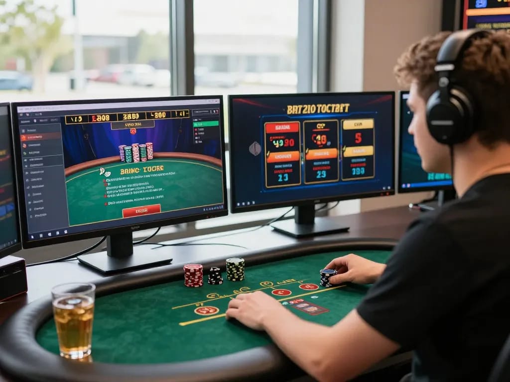 Experience strategic online gaming at https://rr88co.net/ with a professional setup showing multiple casino games and focus.