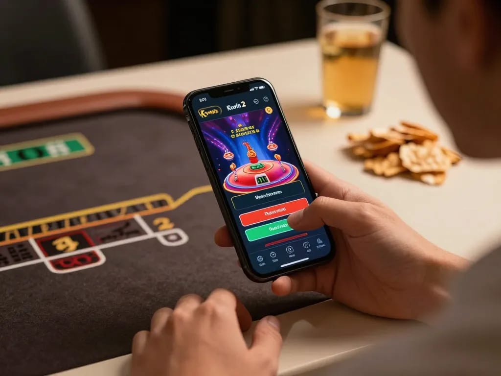 Kuwin 2 player engaging in online casino gaming, enjoying live dealer action on smartphone in cozy home setting.