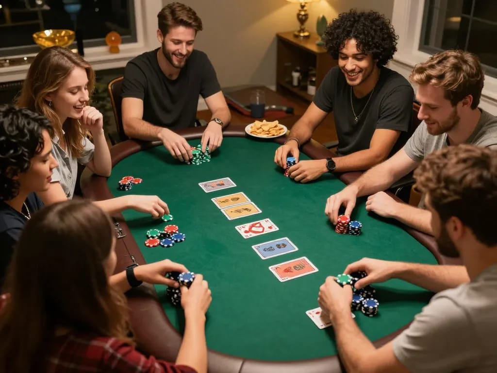 Xem tỷ số bongdalu while enjoying a lively home poker game with friends.