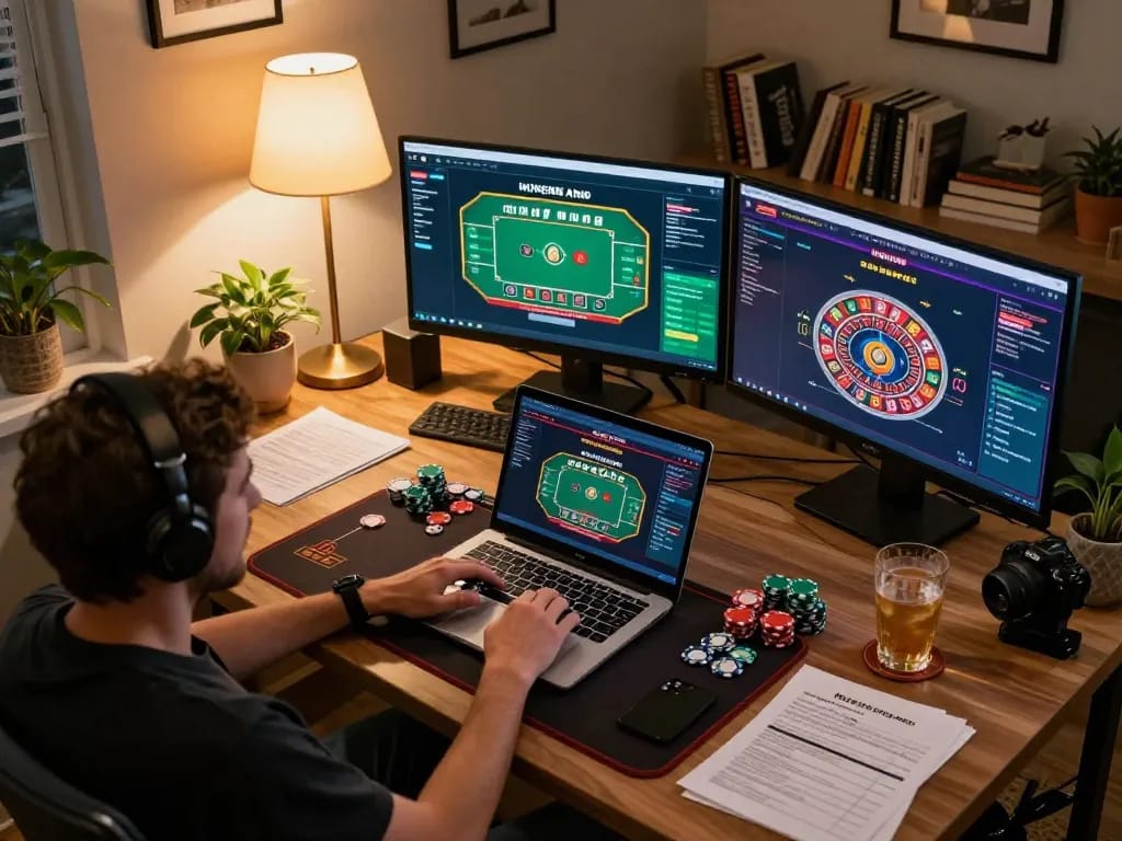 Engaged player enjoying Win138 online live dealer game setup in cozy home office.