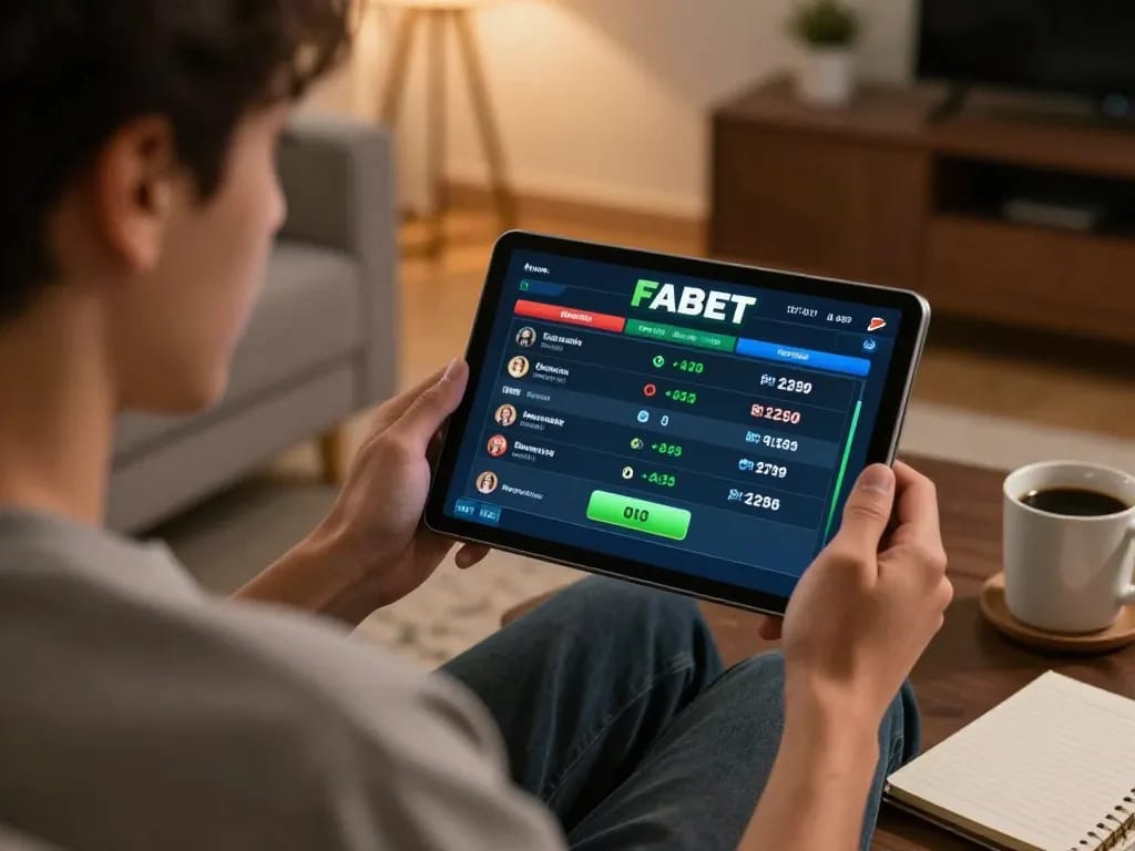 FABET online sports betting action showing active gameplay on a tablet in a cozy living room.