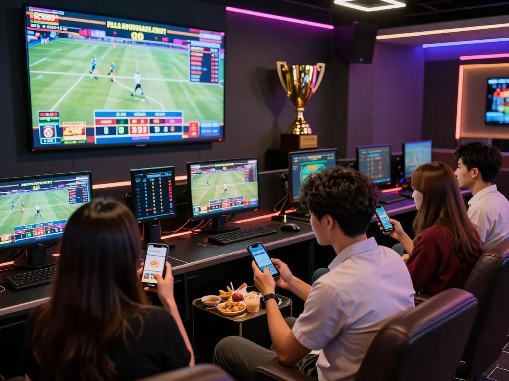 Friends enjoying online betting on SC88 platform in a vibrant gaming lounge with live sports screens.
