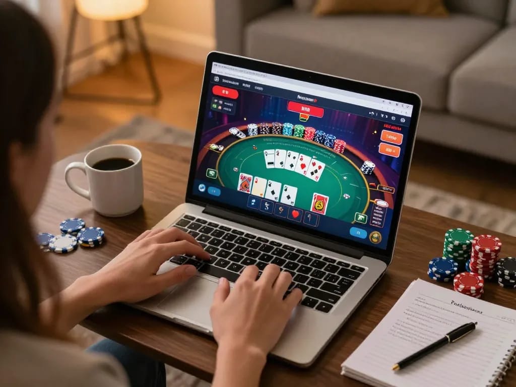 Player engaging in online casino gaming with Sunwin poker interface visible on laptop screen.
