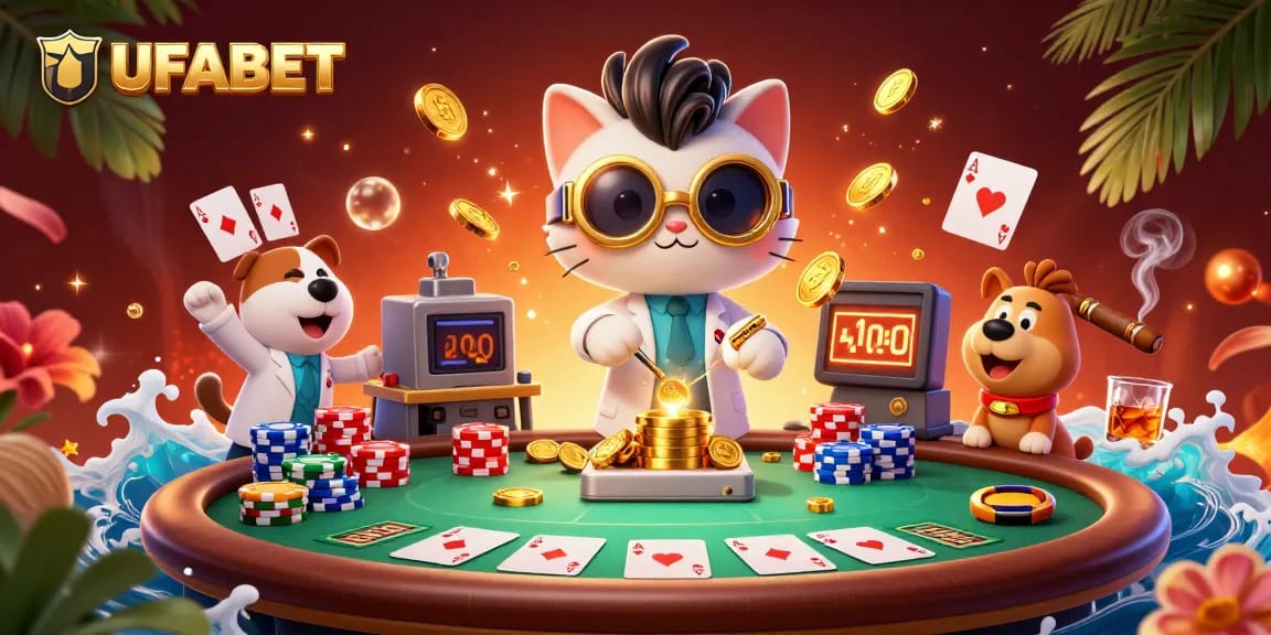 Engage in thrilling action at UFABET with a vibrant casino scene featuring poker gameplay.