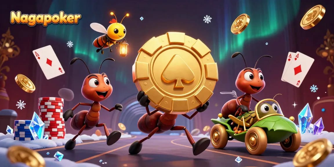 Nagapoker showcases a 3D cartoon team of ants executing a heist with a giant golden poker chip amidst exciting poker elements.