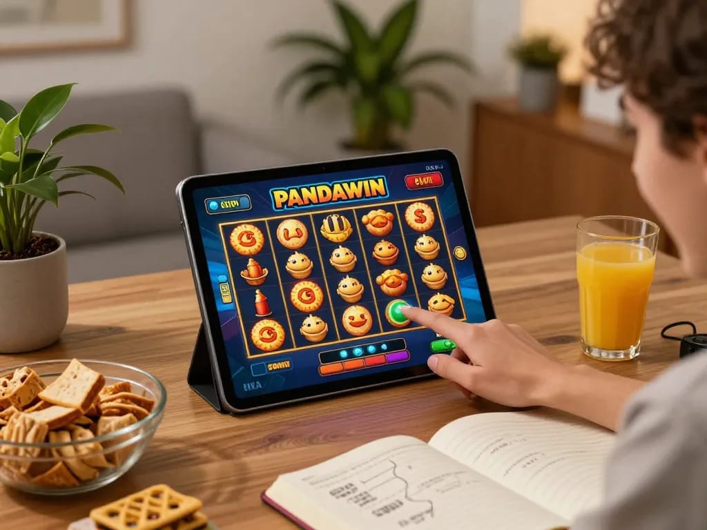 Kegembiraan Panda Win ditangkap saat seorang pemain memutar slot online di tablet dalam suasana rumah yang nyaman.
