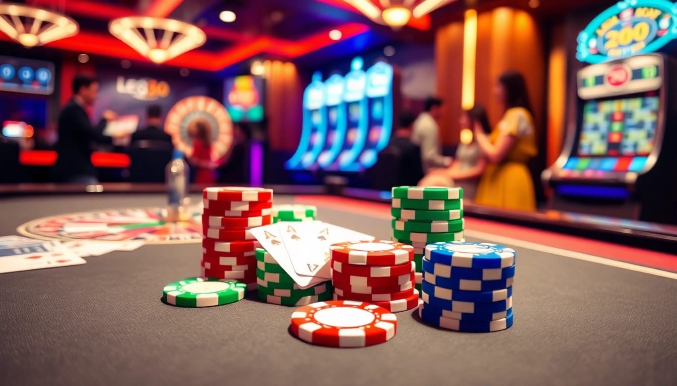 Experience thrilling gaming with lego138 at a modern casino table filled with poker chips and cards.