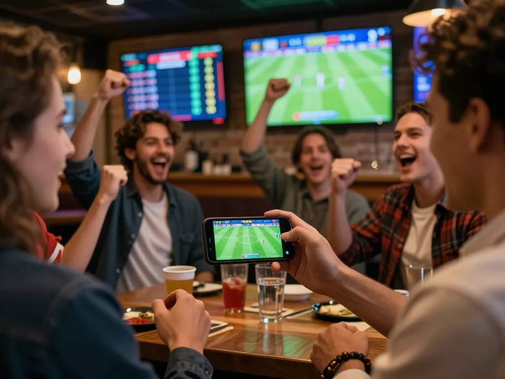Betting on Tỷ lệ kèo nhà cái while enjoying a live soccer match in an energetic sports bar ambiance