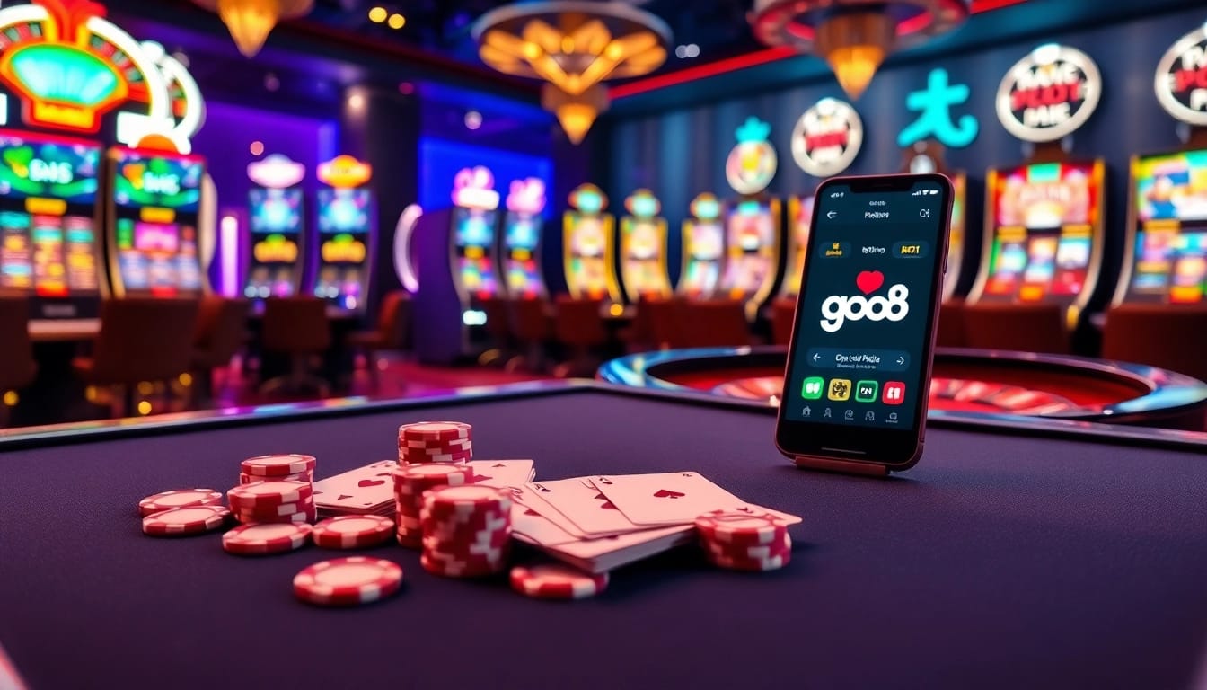 A dynamic gambling scene with go8 app showcased on a smartphone, elegant cards, and casino chips on display.