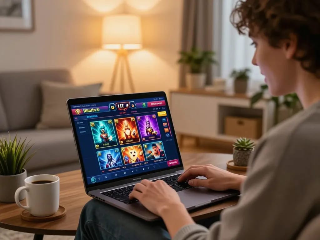 Player engaging in LTC casino online gaming from a cozy living room setup.