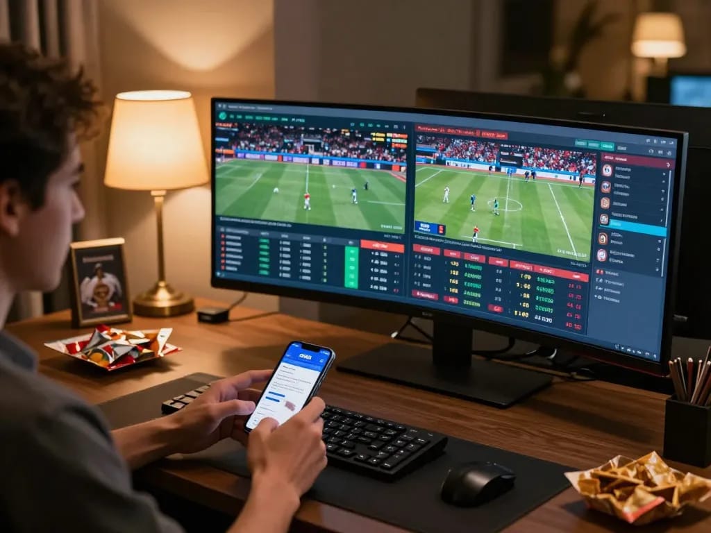 Person engaging with dn88 sports betting app while watching live games on multiple screens