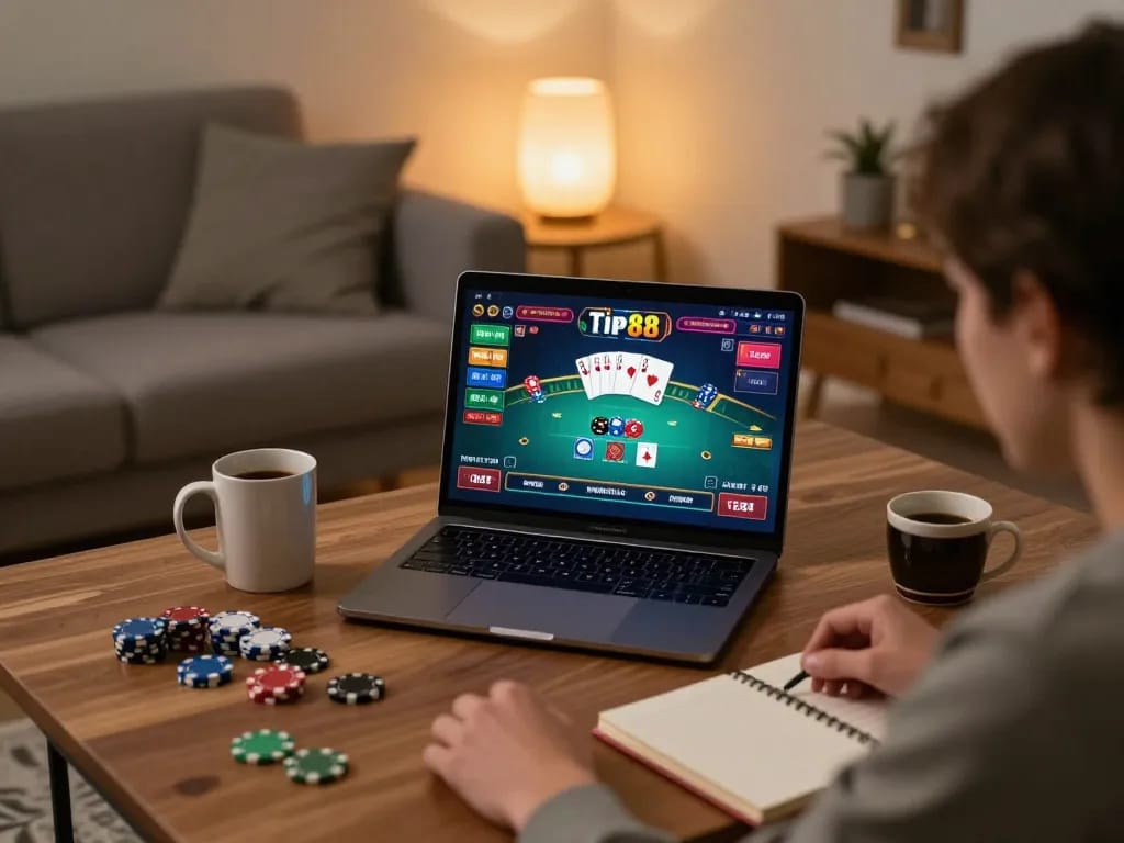 Player engaging with tip88 online casino on laptop in a cozy home setting, showcasing immersive gaming.