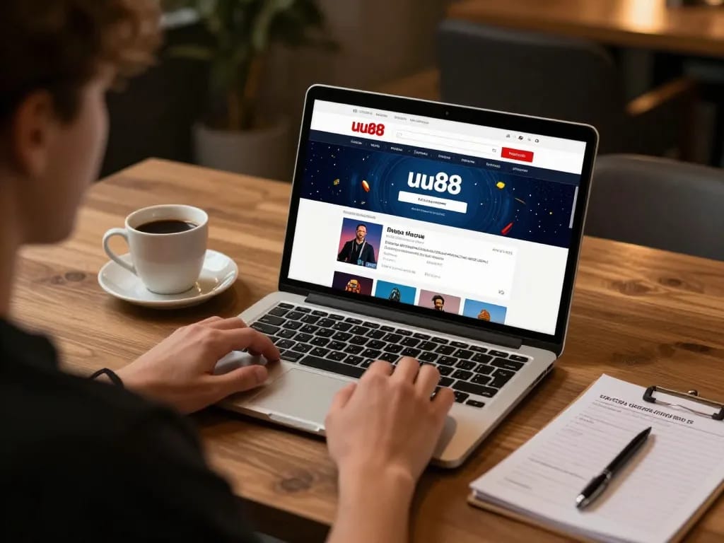 Player engaging with the uu88 platform on a laptop, surrounded by strategy notes.