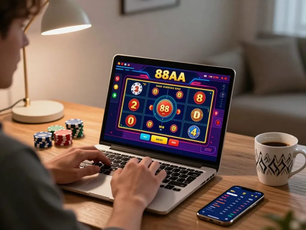 Engaging scene of a player using the 88AA online gambling platform at home with casino game graphics on a laptop.